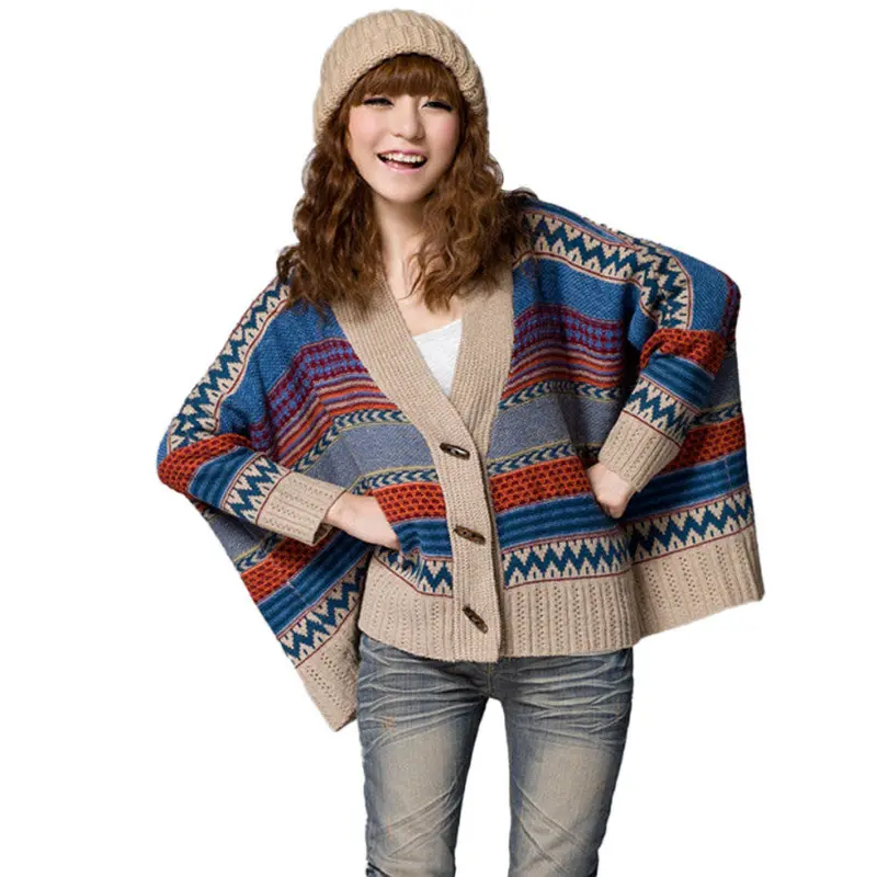 Feida Pullover Women Bohemia Long Sleeve Knit Sweater Casual Loose Outwear Tops Wrap Swing 1