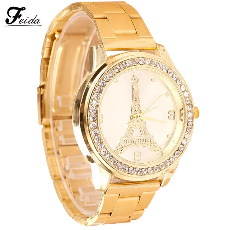 Feida Quartz Classic Iron Tower Round Women Crystal Gold Watch Relojes Mujer 1
