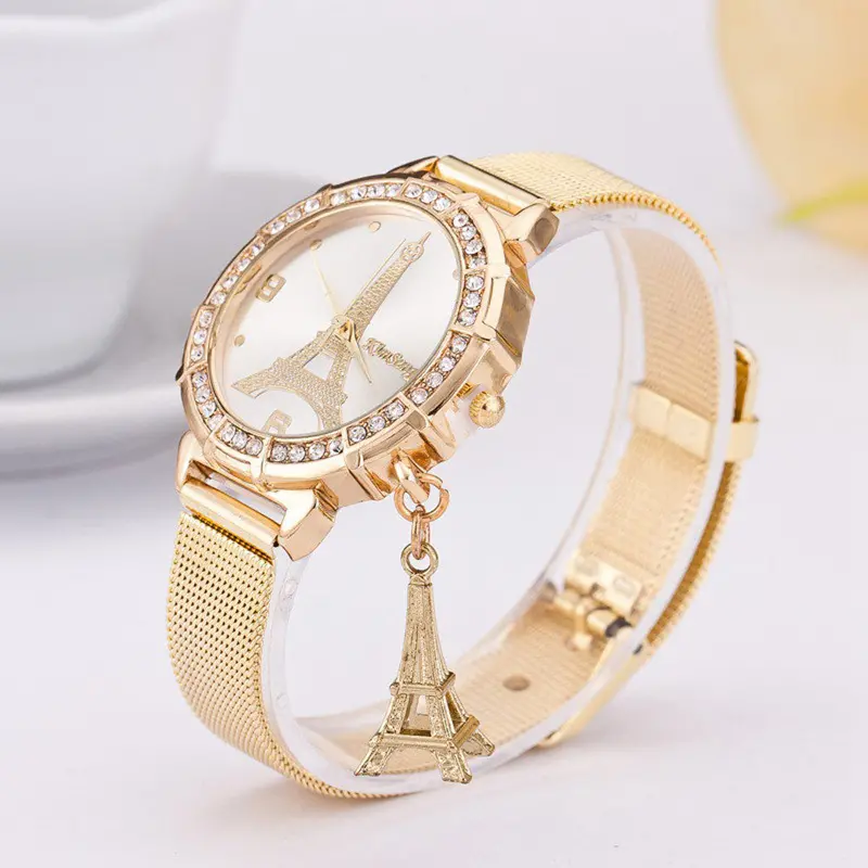 Feida Relojes Women's Wrist Watches Ladies Tower Gold Stainless Steel Mesh Band Wrist Watch Relojes Mujer Marca De Lujo 2