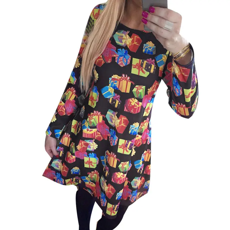 Feida Robe Hiver Ladies Women Long Sleeve Olaf Gift Printing Christmas Party Swing Dress Plus Size 1
