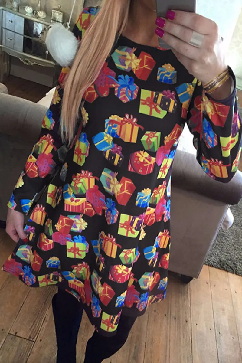 Feida Robe Hiver Ladies Women Long Sleeve Olaf Gift Printing Christmas Party Swing Dress Plus Size 2