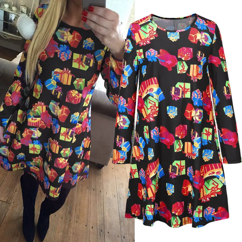 Feida Robe Hiver Ladies Women Long Sleeve Olaf Gift Printing Christmas Party Swing Dress Plus Size 3
