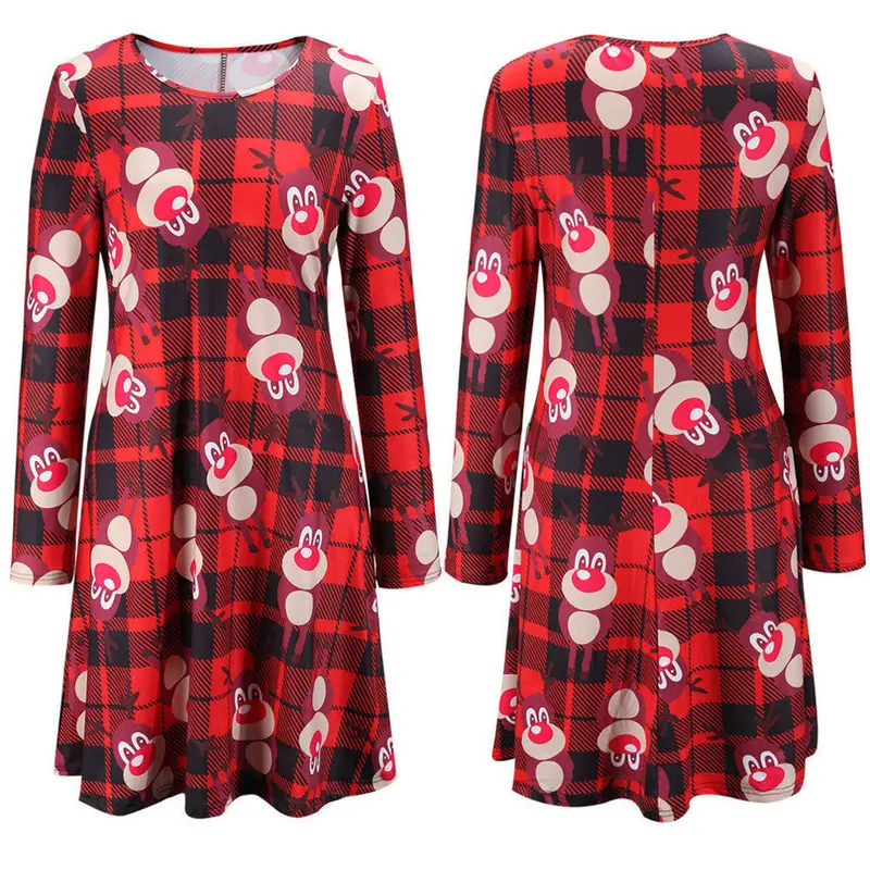 Feida Robe Women Long Sleeve Lattice Deer Christmas Xmas Flared Dress Robe Hiver Vestidos Femininos Party Dresses 3