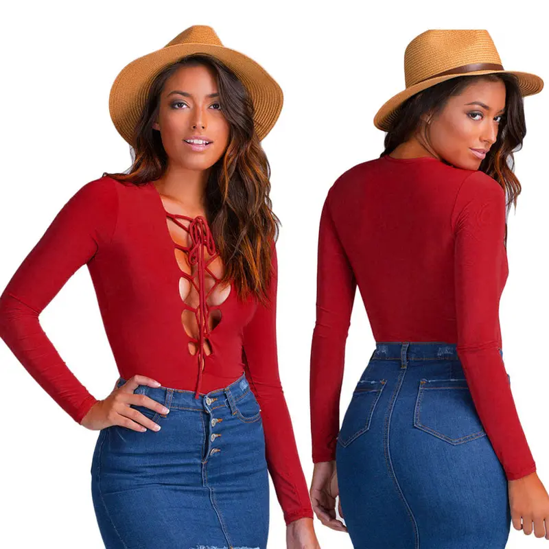 Feida Sexy Rompers Womens Jumpsuit Long Sleeve Lace Up Bandage Bodysuit Crop Top Jumpsuit Combinaison 8