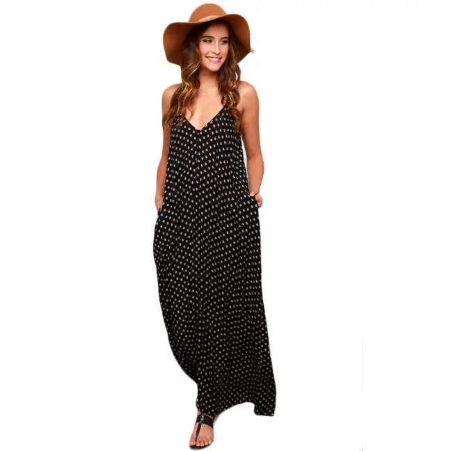 Feida Sexy Women Ladies Strap V Neck Polka Dot Dresses Loose Party Wrap Club Maxi Style Long Beach Dress Vestidos 1