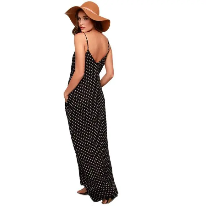 Feida Sexy Women Ladies Strap V Neck Polka Dot Dresses Loose Party Wrap Club Maxi Style Long Beach Dress Vestidos 3