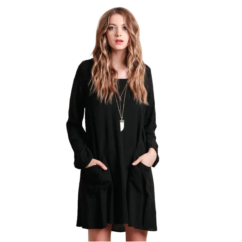 Feida Sexy Women Long Sleeve Loose Solid Color Pocket Backless Black Dress Plus Size Big Size Style Vestidos Femininos 1