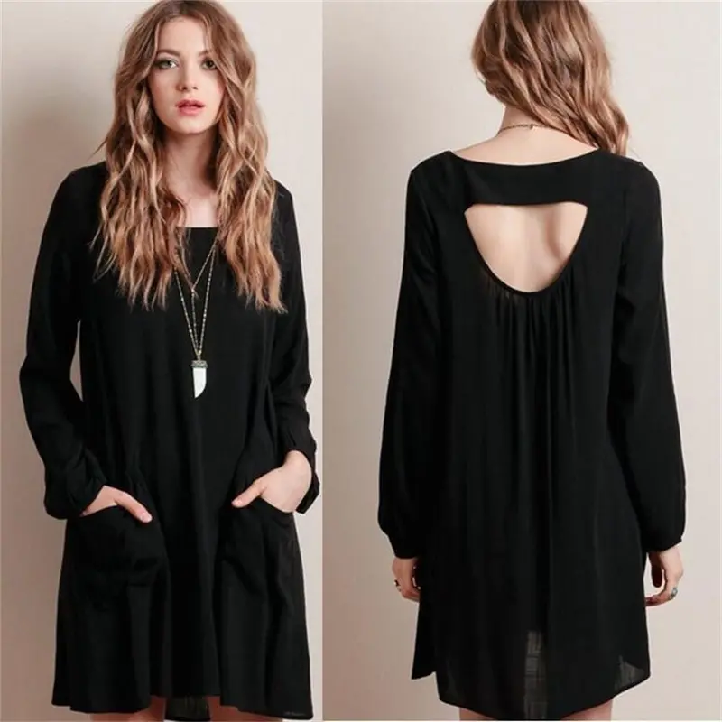 Feida Sexy Women Long Sleeve Loose Solid Color Pocket Backless Black Dress Plus Size Big Size Style Vestidos Femininos 2
