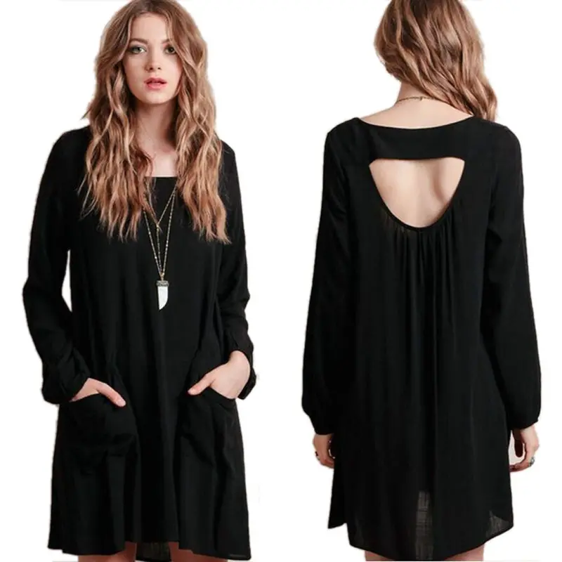 Feida Sexy Women Long Sleeve Loose Solid Color Pocket Backless Black Dress Plus Size Big Size Style Vestidos Femininos 3