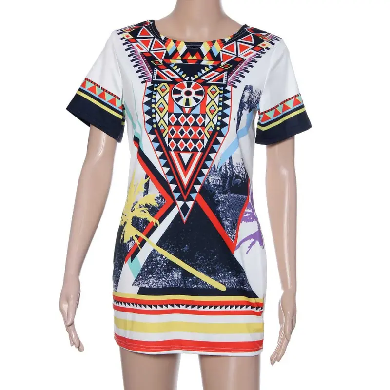Feida Sexy Women Vintage Printed Loose Short Sleeve Dress Party Mini Dress Vestidos 2