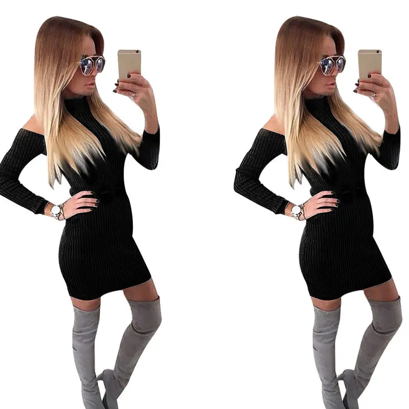 Feida Simple Vintage Dress Women Black Off Shoulder Long Sleeve Sweater Jumper Knit Dress Style 4