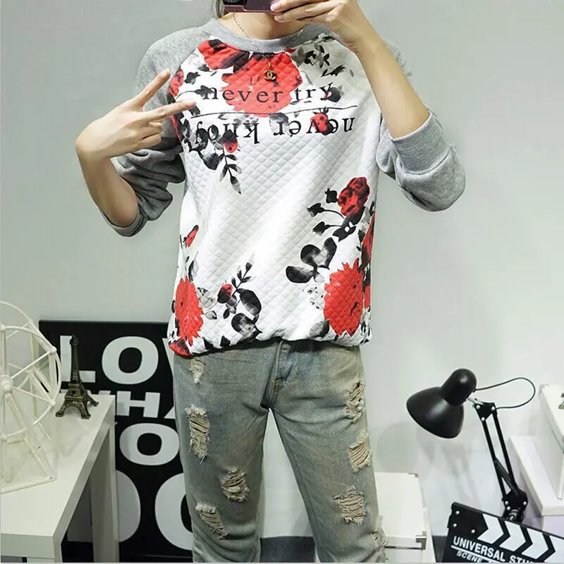 Feida Style And Womens O-Neck Long Sleeve Print Pullover Shirt Tops Plus Size Blouse 1