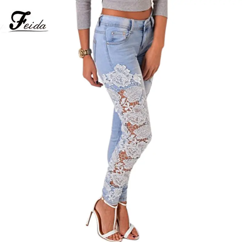 Feida Super Beautity Long Lace Floral Skinny Spliced Hollow Out Hole Straight Denim Jeans Plus Size 1