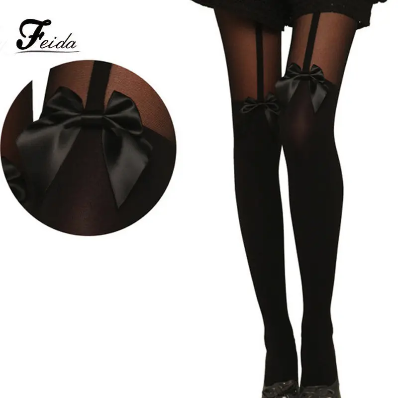 Feida Super Vintage Tights Bow Pantyhose Tattoo Mock Bow Suspender Sheer Stockings & 1