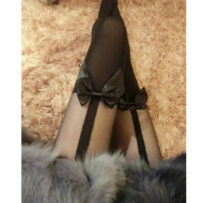 Feida Super Vintage Tights Bow Pantyhose Tattoo Mock Bow Suspender Sheer Stockings & 2