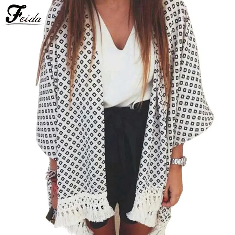Feida Super Women Geometry Printed Chiffon Tassel Shawl Kimono Cardigan Tops Cover Up Blusa Feminina 1