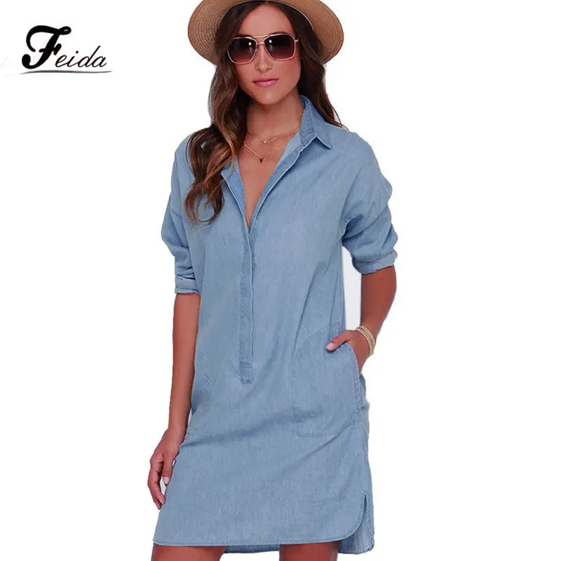 Feida Super Women Long Sleeves Cowboy Shift Dress Plus Size 1