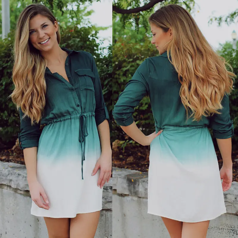 Feida Vestidos Casual Dress Women Slim Gradient Printing Pocket Long Sleeve Office Mini Dress Big Size Robe 2