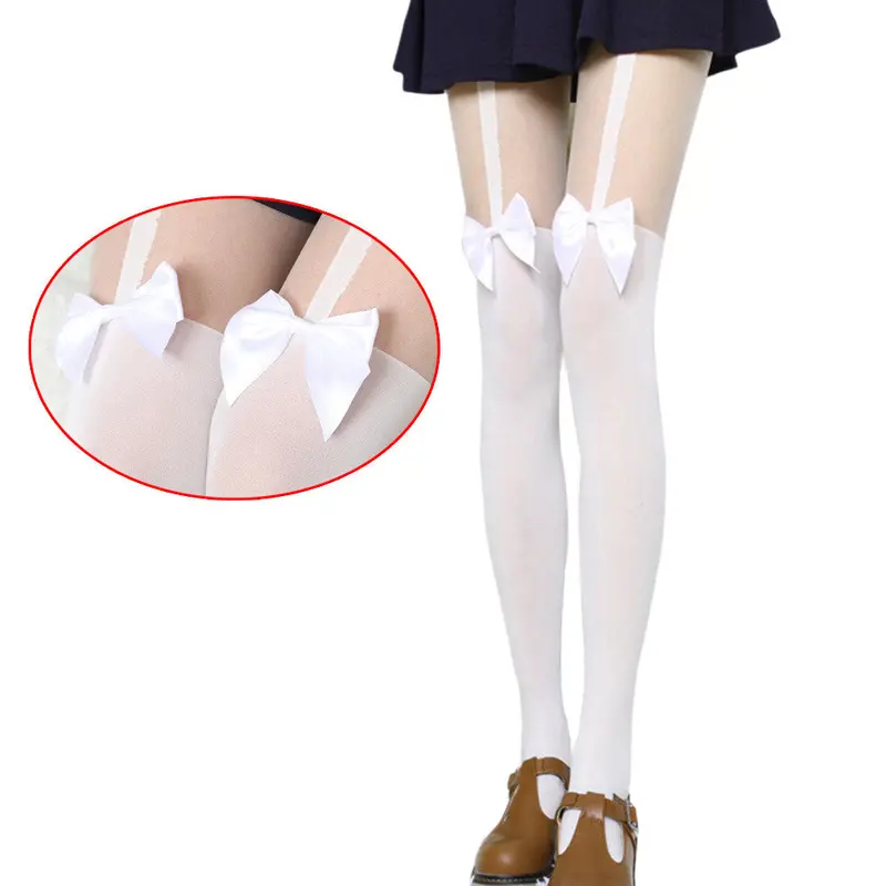 Feida Vintage Pantyhose Tights Bow Tattoo Mock Bow Suspender Sheer Stockings White Collant Medias Pantis Woman 1
