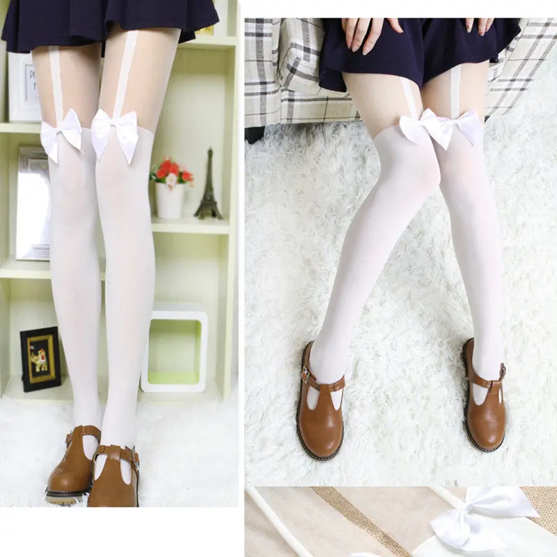Feida Vintage Pantyhose Tights Bow Tattoo Mock Bow Suspender Sheer Stockings White Collant Medias Pantis Woman 2