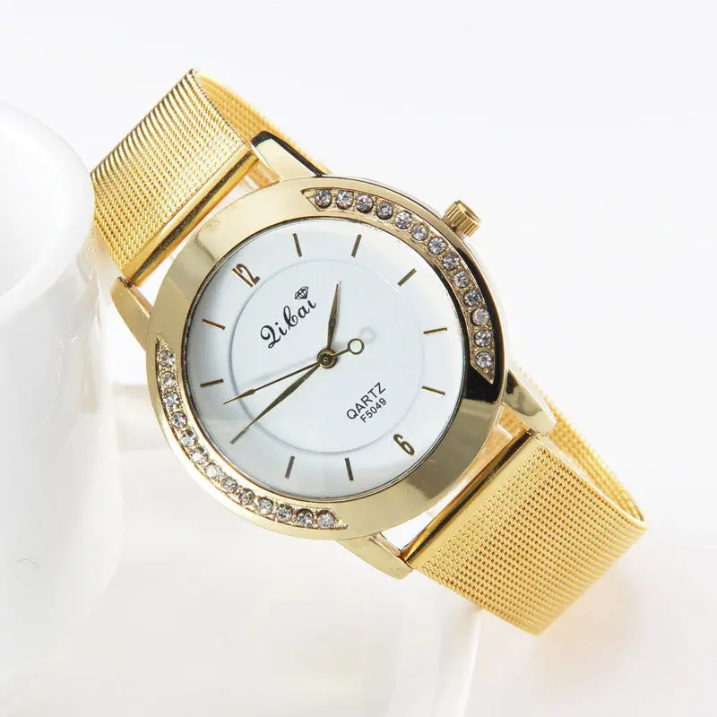 Feida Woman Watches Crystal Golden Stainless Steel Analog Quartz Watch Clock Women Luxury 1