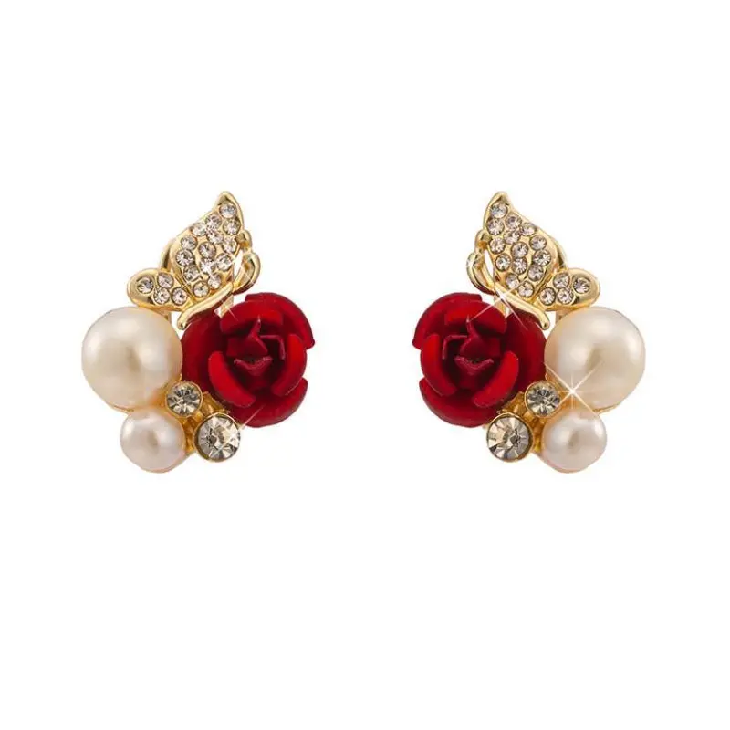 Feida Women Classic Red Roses Butterfly Pearl Earrings Accessories Jewelry 1
