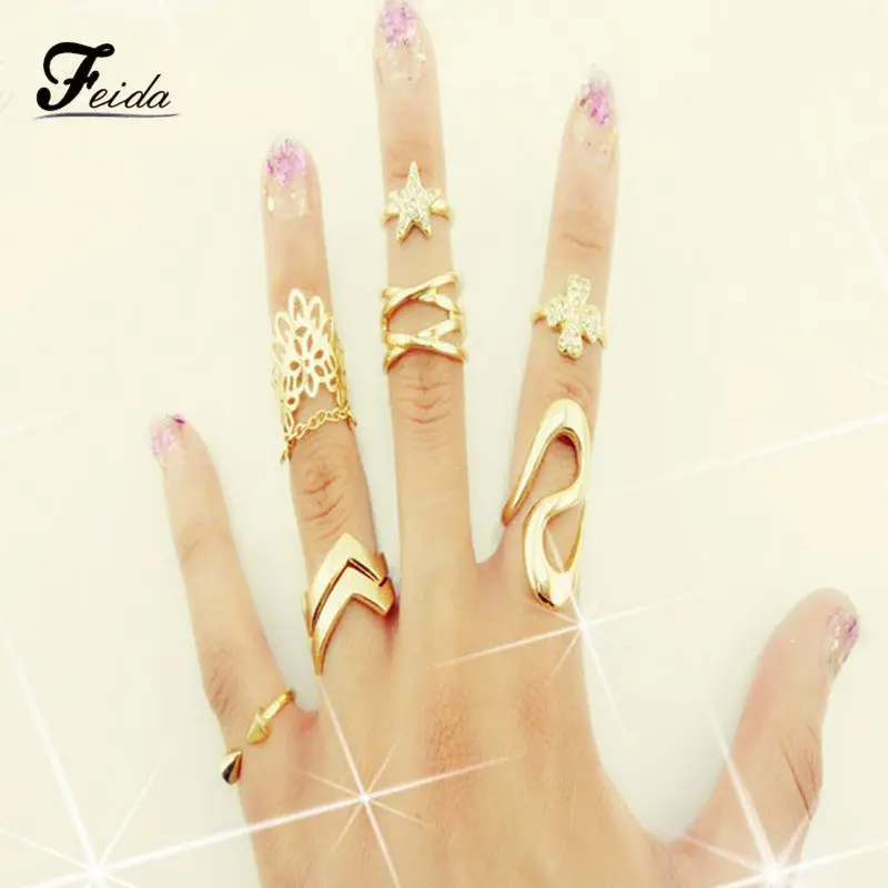 Feida Women Clover Leaf Star Joint Knuckle Nail Ring Set Of 7 Rings 1