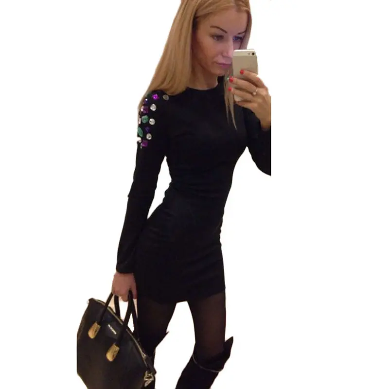 Feida Women Diamond Long Sleeve Bodycon Bandage Black Short Mini Dress Vestido De Festa Office Dress 1