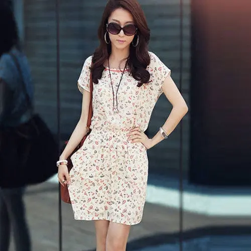 Feida Women Dress Casual Tunic Floral Print Short Sleeve Chiffon Dress Flower Korean Style Vestidos De Verao 1