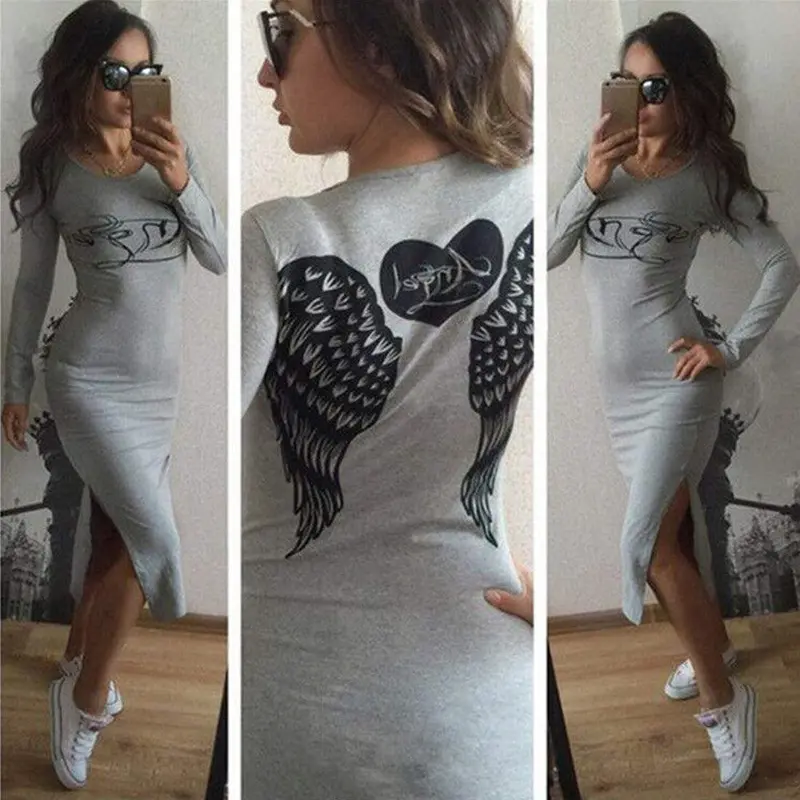 Feida Women Dresses Long Sleeve Casual Tunic Dress With Wings Cotton Slim Dress Vestidos Bandage Dress 5