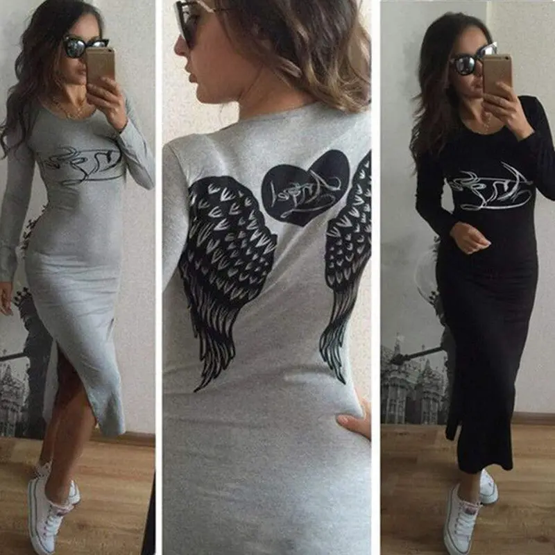 Feida Women Dresses Long Sleeve Casual Tunic Dress With Wings Cotton Slim Dress Vestidos Bandage Dress 5
