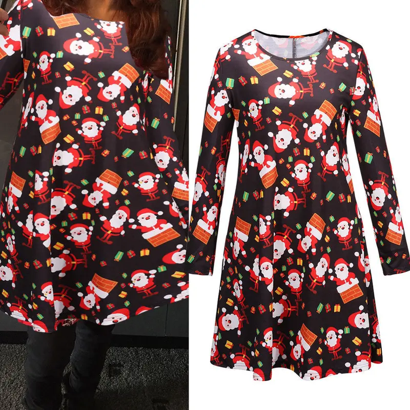 Feida Women Dresses Long Sleeve Santa Claus Gift Christmas Xmas Flared Dress Vestidos Dresses Plus Size Red Dress 2