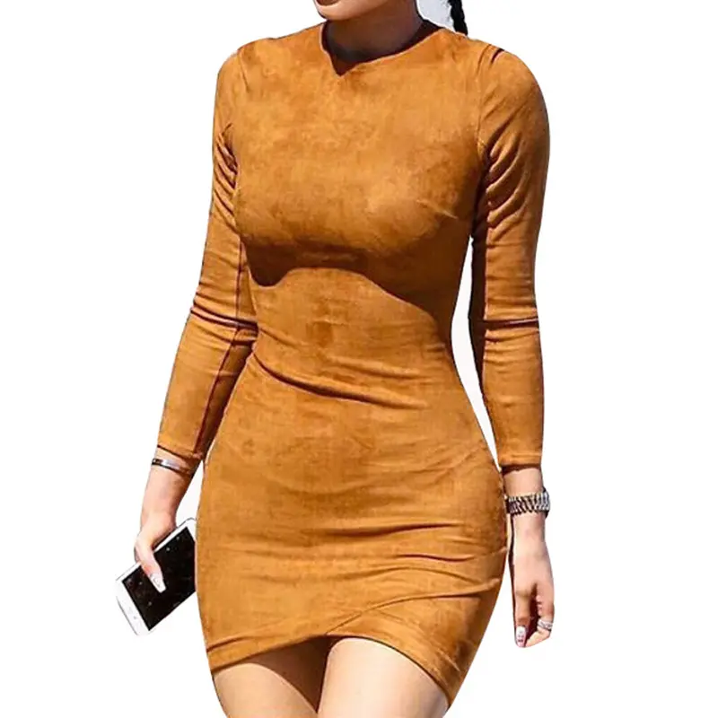 Feida Women Dresses Long Sleeve Suede Bandage Dress Vestidos Vintage Office Dress Robe Plus Size 1