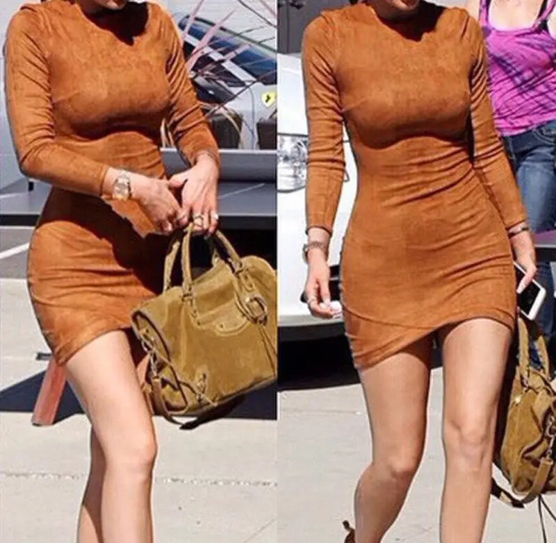 Feida Women Dresses Long Sleeve Suede Bandage Dress Vestidos Vintage Office Dress Robe Plus Size 2