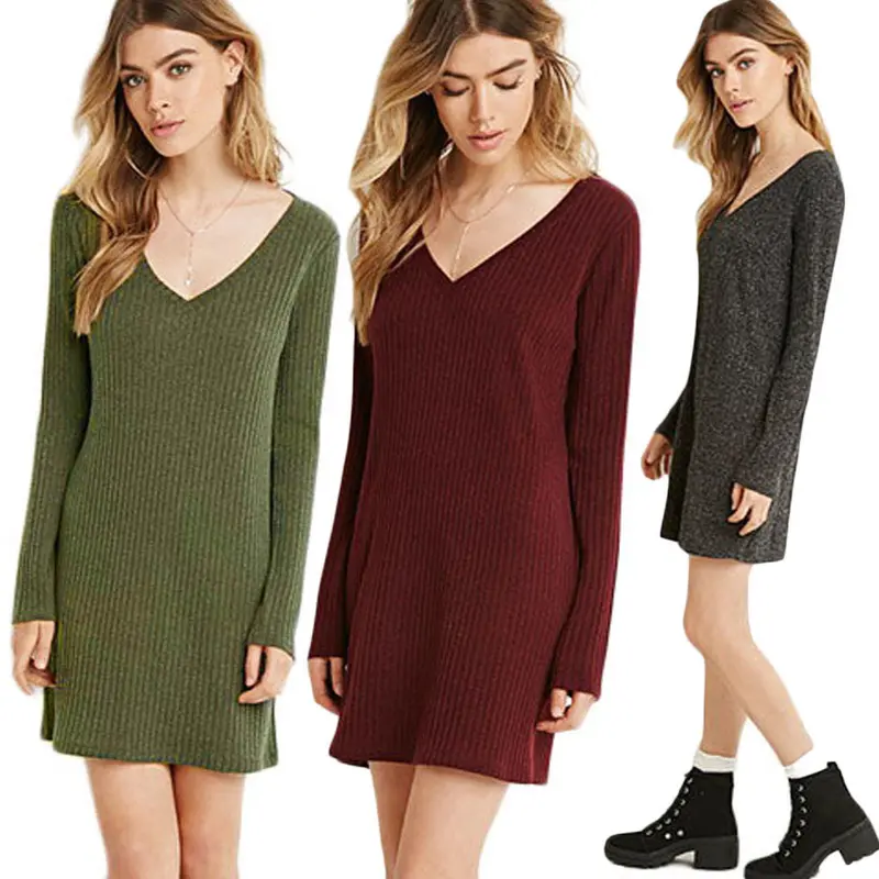 Feida Women Dresses Long Sleeve V-Neck Jumper Slim Knit Dress Plus Size Women Clothing Vestido Casual Dress 7