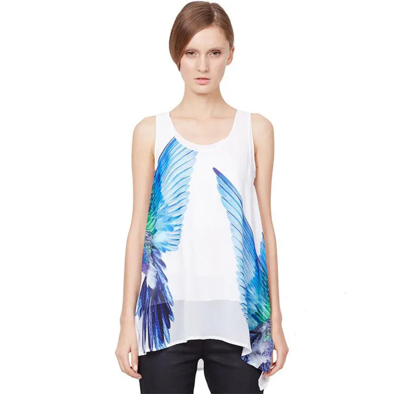 Feida Women Loose Casual Chiffon Sleeveless O-Neck Irregular Blouse Plus Size 1
