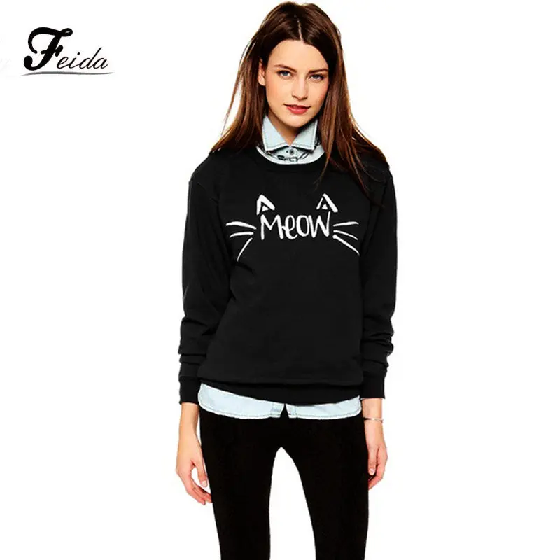 Feida Women Meow Emoji Printed Long Sleeve Sweatshirt Pullover Shirt Tops Blouse 1