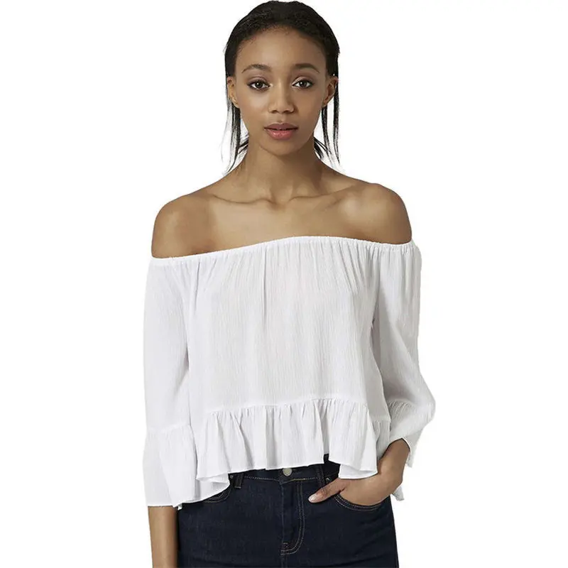 Feida Women Off Shoulder Elastic Casual Chiffon Blouse&Shirt White Plus Size 1