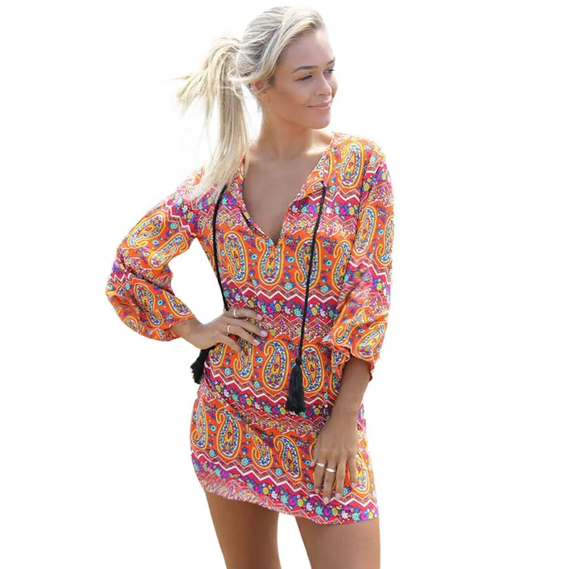 Feida Women's Dresses Floral Print V-Collar Three Quarter Sleeve Mini Dress Plus Size 1