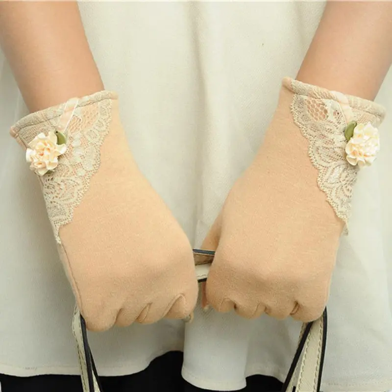Feida Womens Gloves Warm Wrist Gloves For Ladies Screen Mittens Lace Leather Cotton Gloves 1