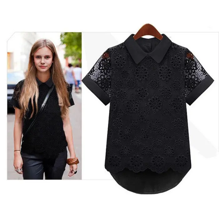 Feida Womens Hollow Out Short Sleeve Sheer Tops Shirt Chiffon Blouse & 2