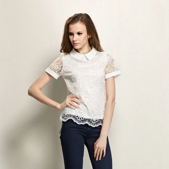 Feida Womens Hollow Out Short Sleeve Sheer Tops Shirt Chiffon Blouse & 3