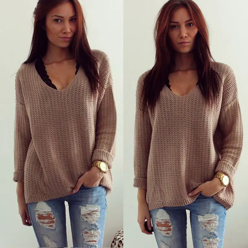 Feida Womens Long Sleeve V-Neck Pullover Jumper Loose Sweaters 1