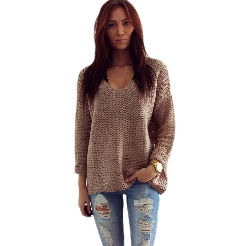 Feida Womens Long Sleeve V-Neck Pullover Jumper Loose Sweaters 2