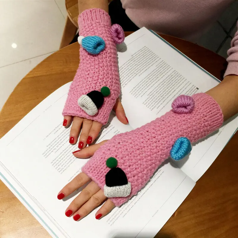Feida Women's Warm Cute Knitting Half Fingerless Gloves Gants 2