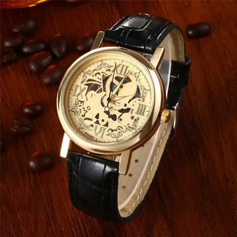 Feida Wristwatch Skeleton Men Brown Leather Band Quartz Stainless Steel Gold Watch 1