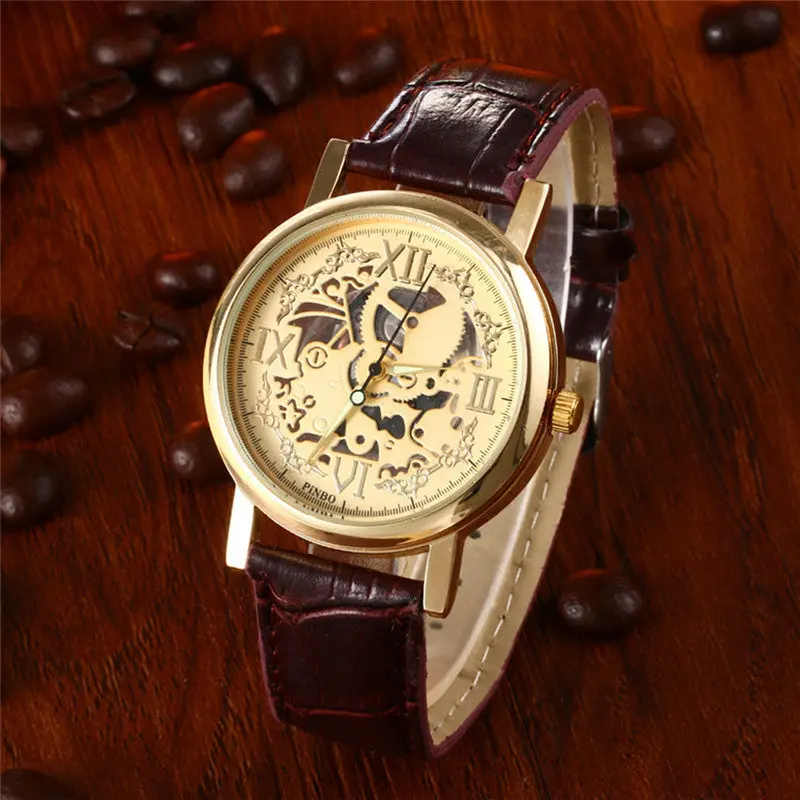 Feida Wristwatch Skeleton Men Brown Leather Band Quartz Stainless Steel Gold Watch 2
