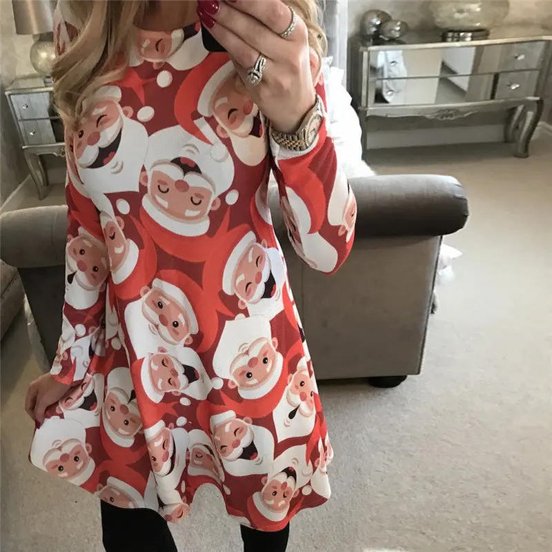 Festive Santa Claus Christmas Dress – Flared Long-Sleeve Holiday Robe for Women