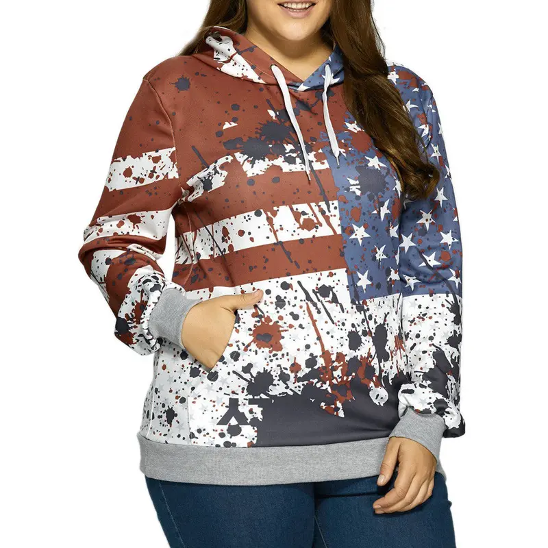 Flag Pattern Women Plus Size Hoodie Fashion Stars&Striped Pullover Tops Hooded Sweatshirt Pullover Coat Women Outwear 1