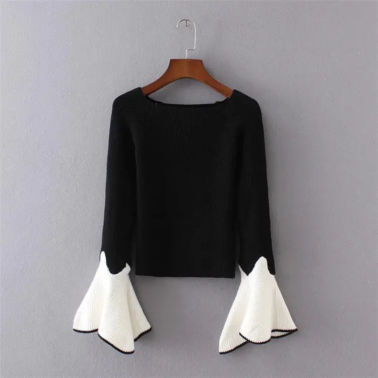 Flare Sleeve Women Sweaters And Pullovers Patchwork Knitted Pull Femme O Neck Pullover Women Jumper 1
